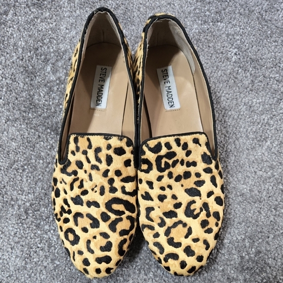 Steve Madden Smile Leopard Print Calf Hair Tan Slip On Loafers Chic Preppy - Picture 2 of 11